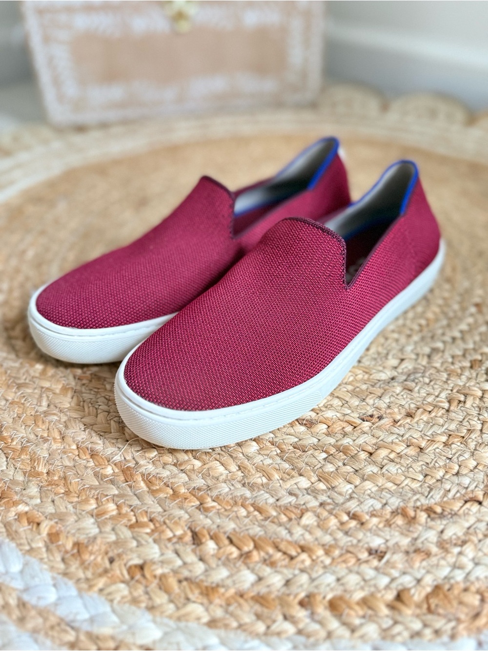 🌾 Rothy's Slip-On Sneakers in Burgundy with White Sole
